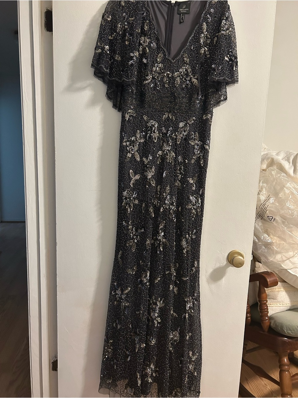 Adrianna Papell Black and Silver Beaded Evening Dress